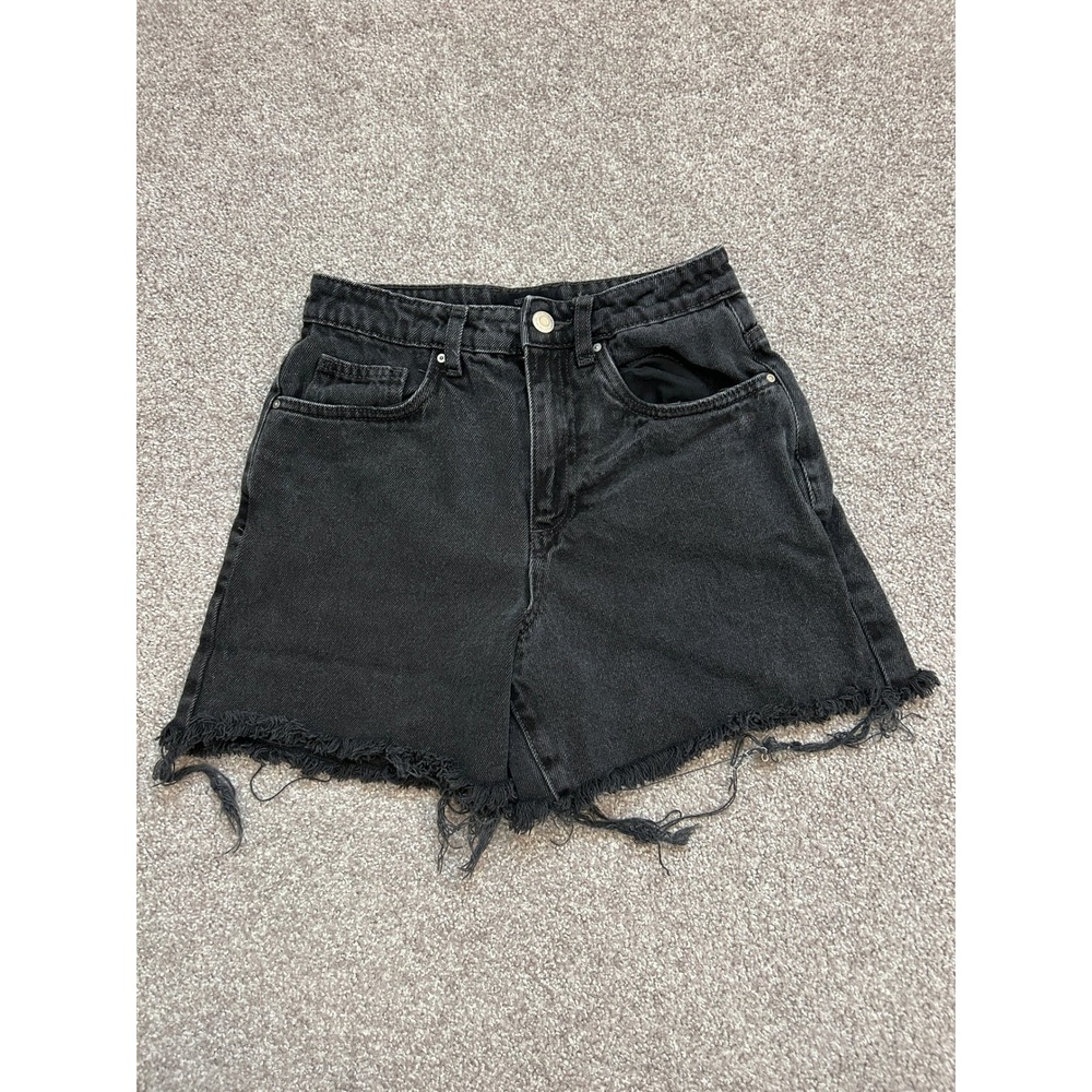 Cotton On Denim Shorts Womens 2 Black Excellent High Waisted Frayed Raw Hem